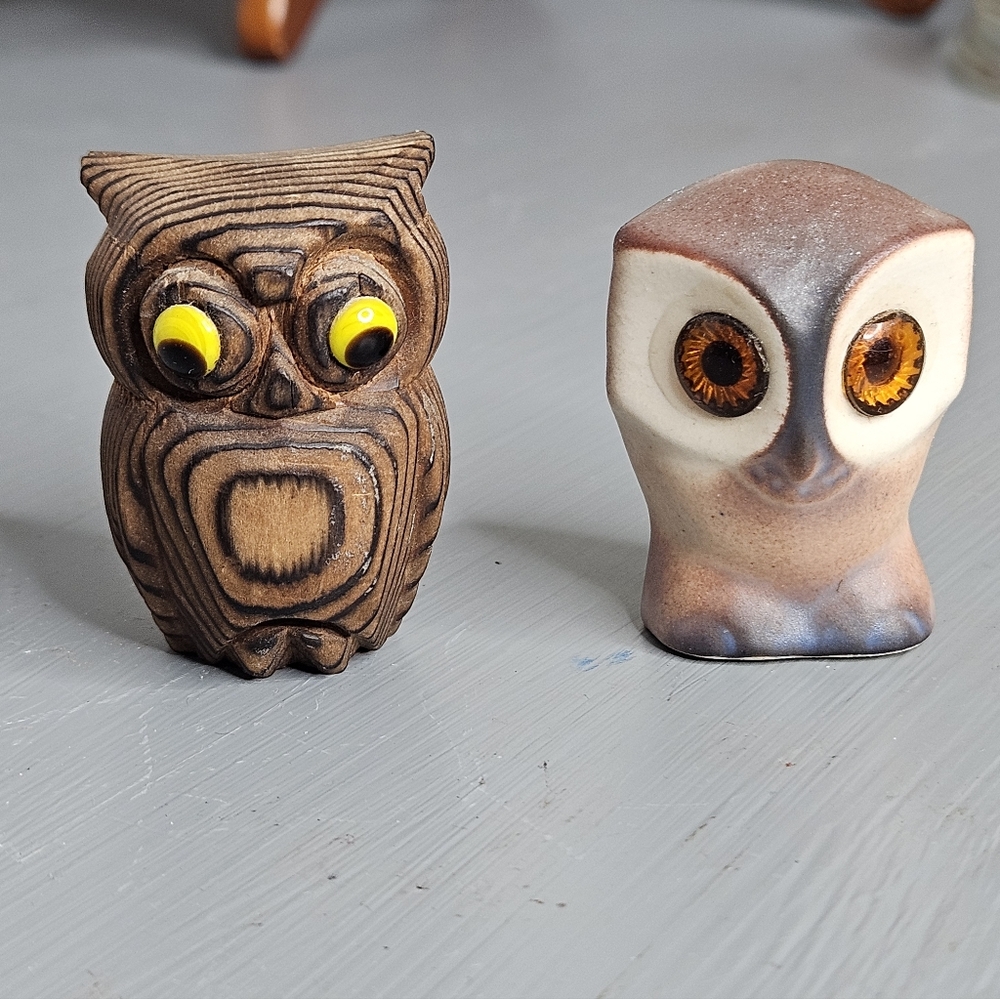 Vintage Mini Owls Ceramic & Wood (Set of 2) 1.5"